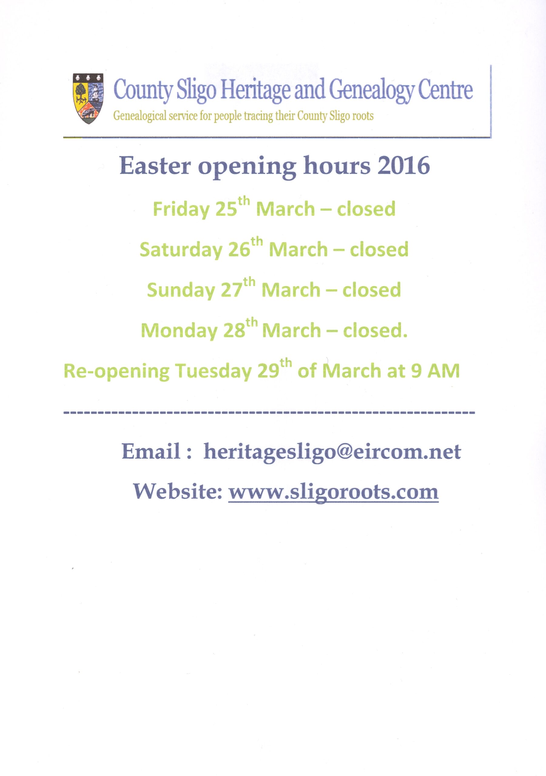 Opening Hours County Sligo Heritage and Genealogy Centre